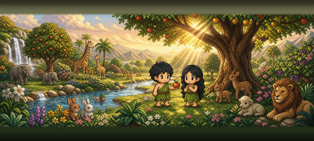 A pixel art illustration of the garden of Eden